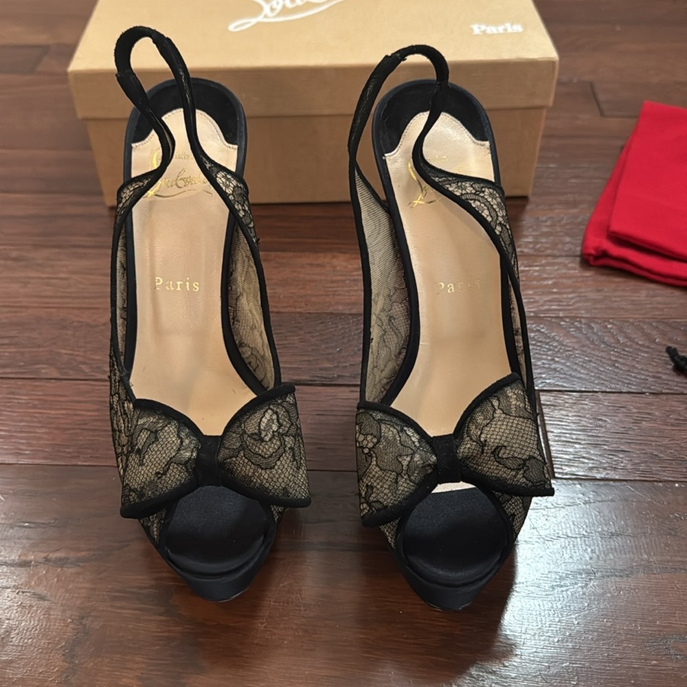Christian Louboutin Lace Peep-Toe Heels with Bow — Worn once!